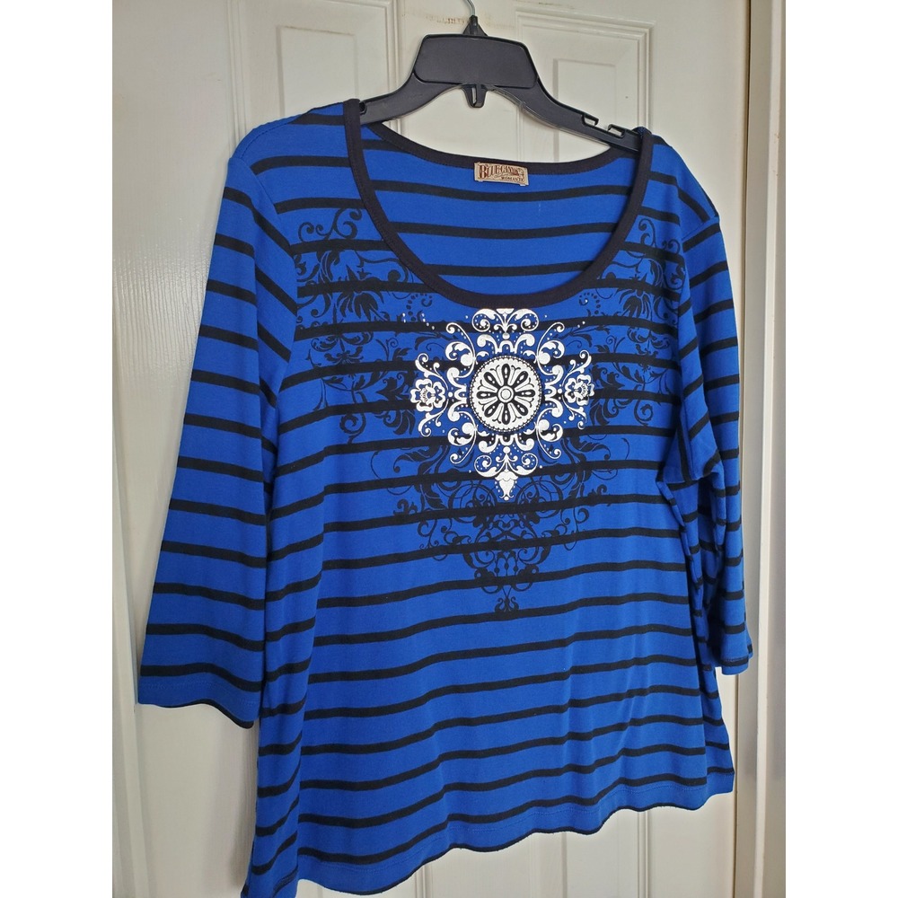 Blue Canyon Top Blue Black Striped Silver‎ Medallion Graphic 1X Boho Chic